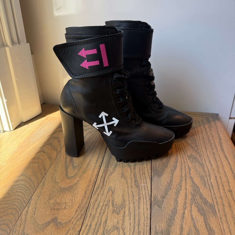 Off-White Black Platform Lace-Up Ankle Boots with Pink Strap Graphic